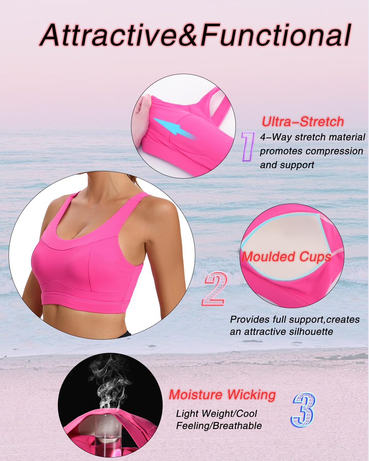 RUNNING GIRL High Impact Sports Bras for Women,Racerback Running Bra Workout Crop Tank Tops Longline Sports Bra Push up(WX2667 Hot Pink XL)