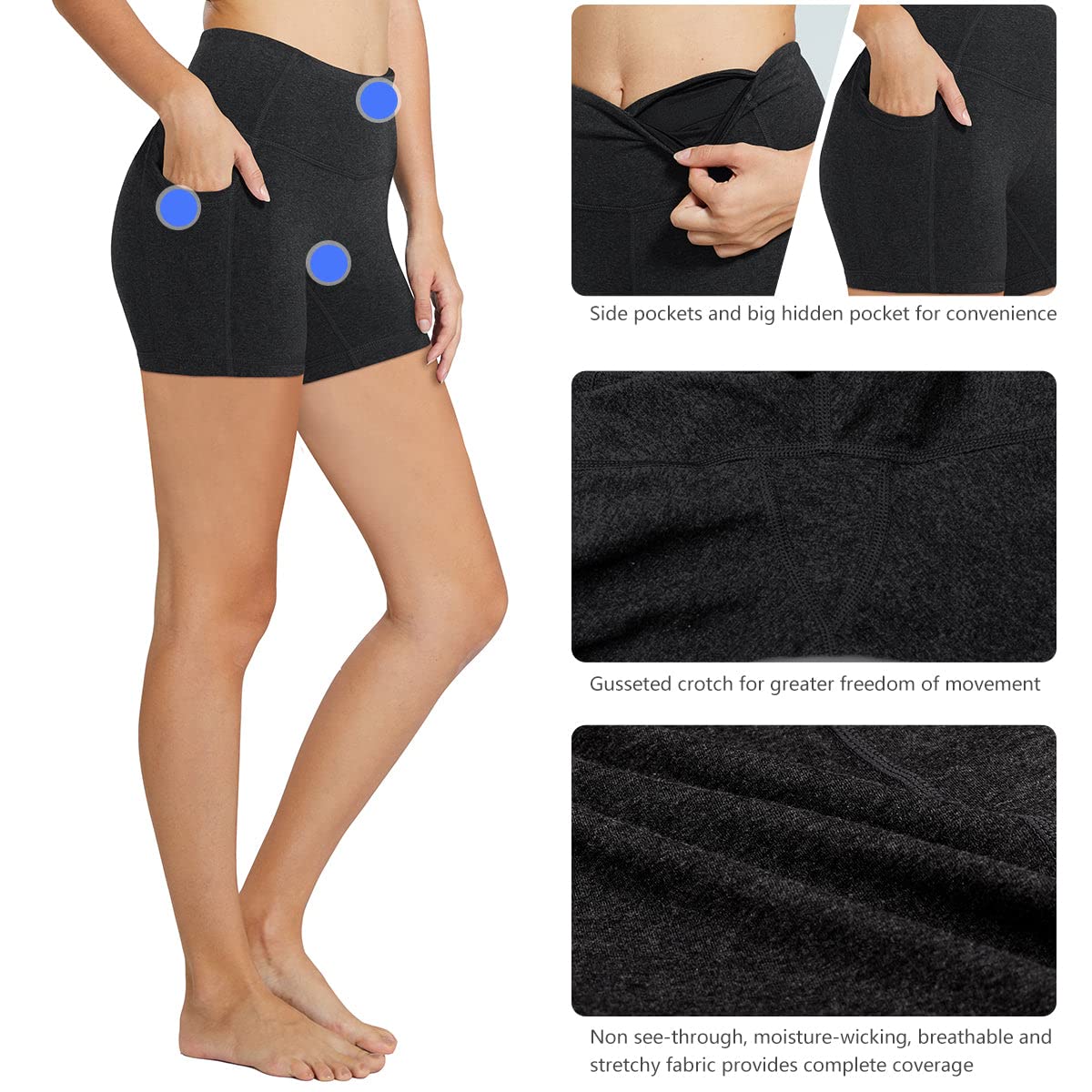 baleaf Workout Shorts Women 5" Tummy Control Short Pockets Charcoal M