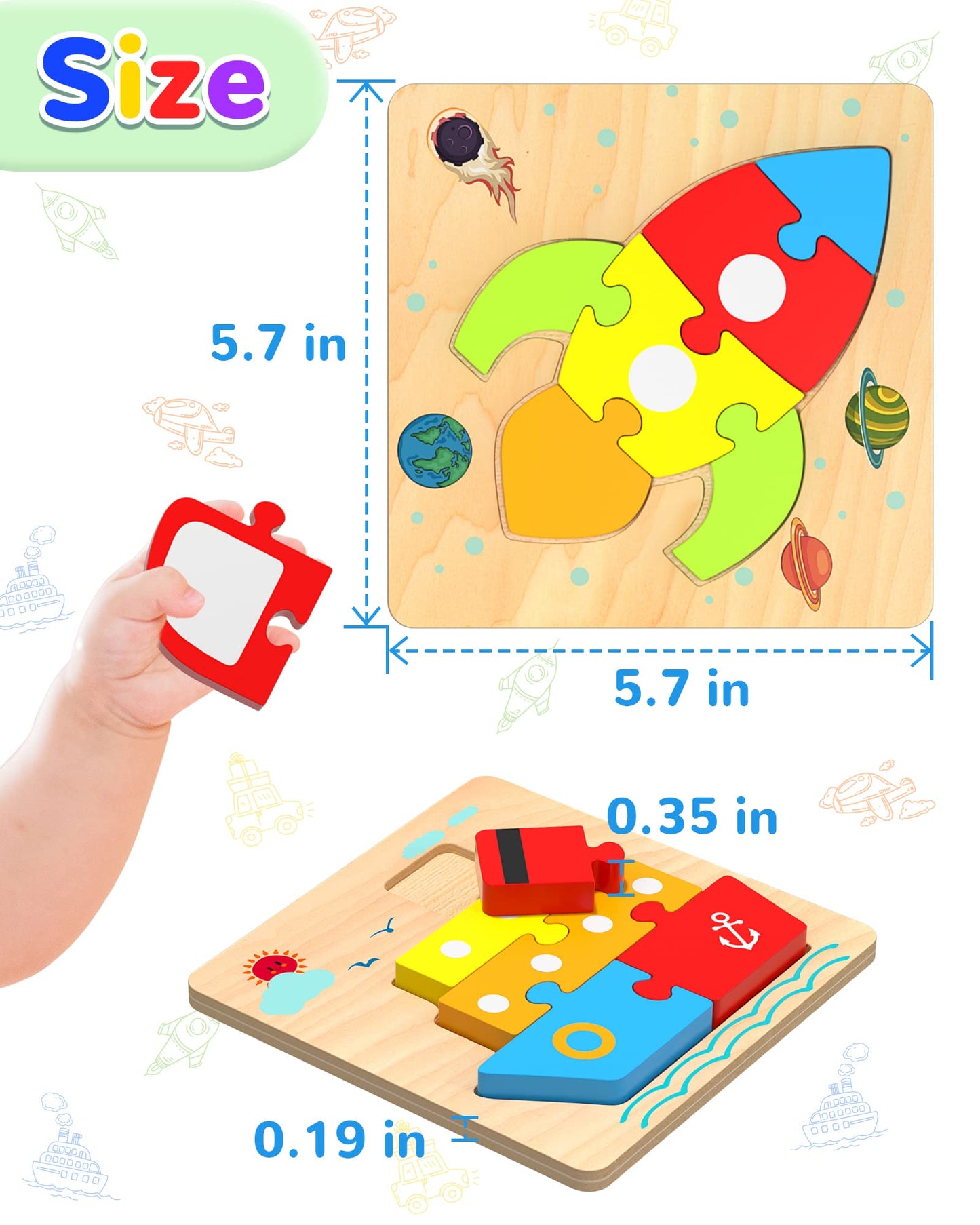 Yetonamr Wooden Toddler Puzzles Gifts Toys for 1 2 3 Years Old Boys Girls, 6 Vehicle Shape Montessori Toys Educational Blocks Kids Toys Gift Baby Learning Toy Age 1-3, 2-4