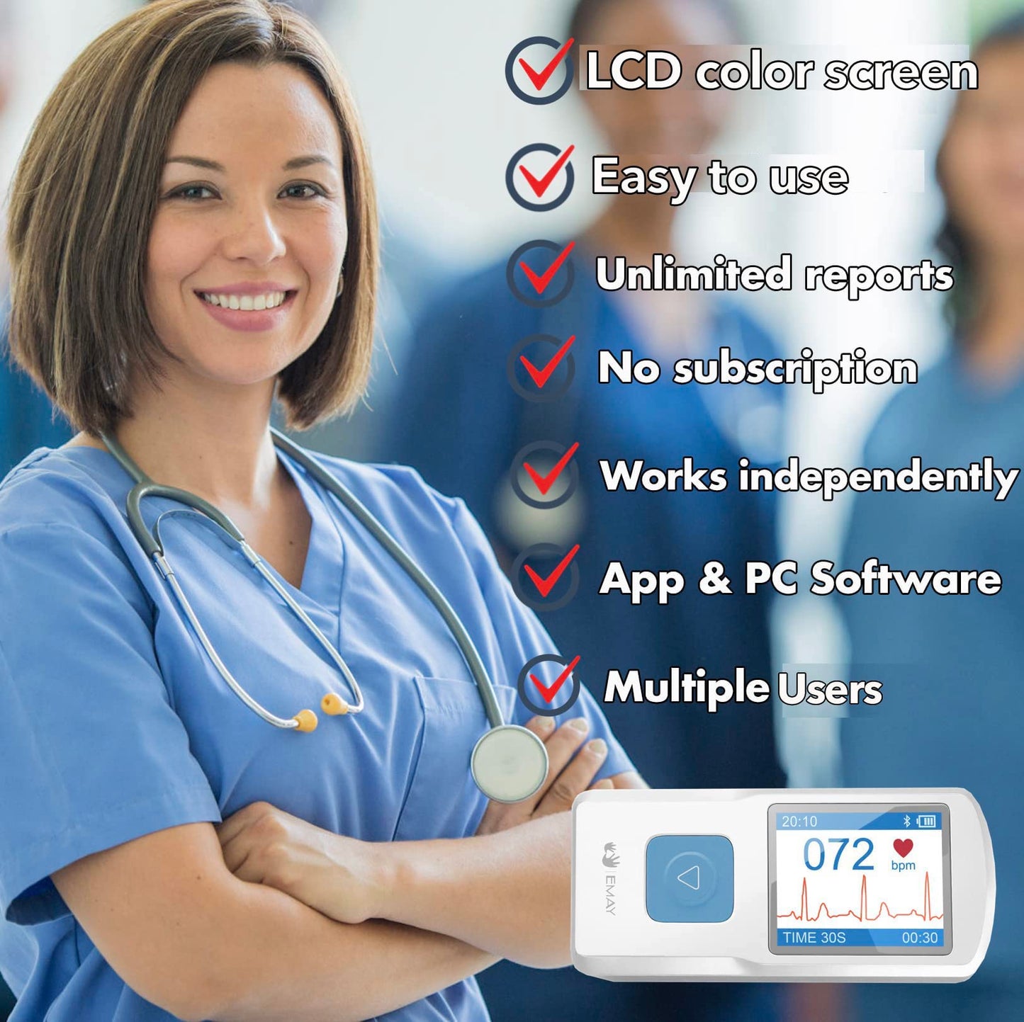 EMAY Portable ECG Monitor | Record ECG and Heart Rate | Compatible with Smartphone and PC