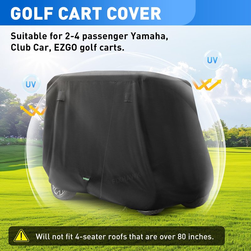 FIXHAWK 2/4 Passenger Golf Cart Cover for Club Car, EZGO,Yamaha Model, 420D PU Oxford Fabrics Waterproof Golf Cart Covers All-Weather Protection Full Cover 3-Zipper (Black)