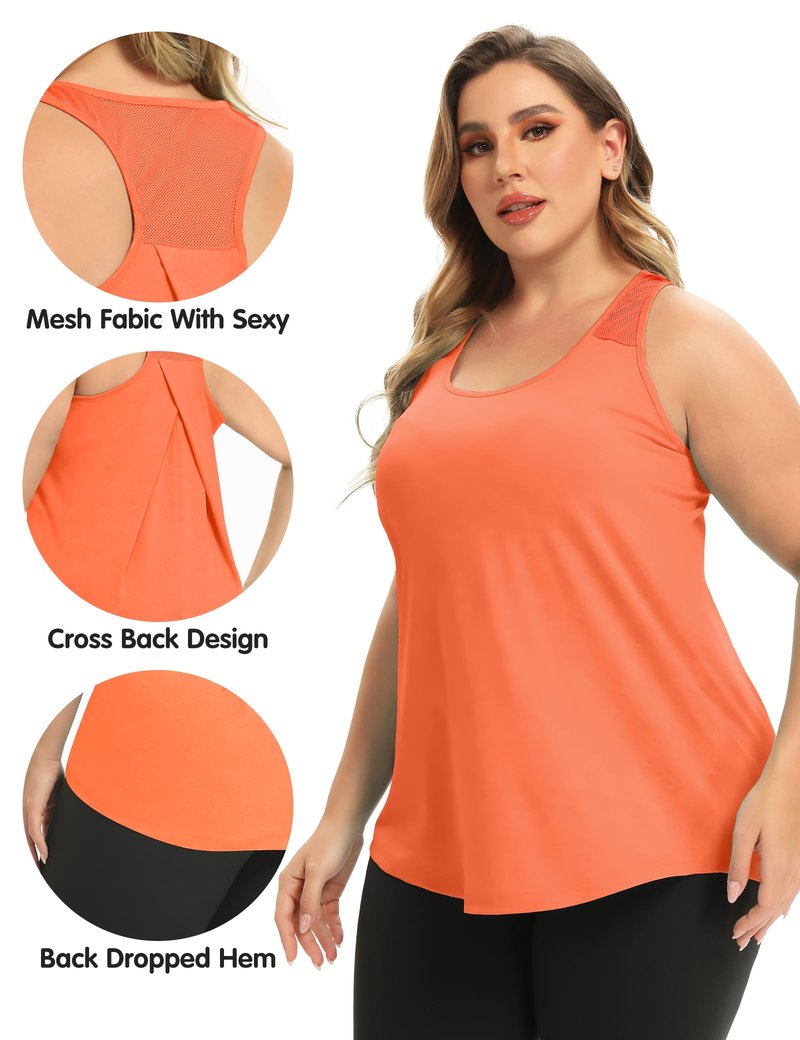 FOREYOND Women's Plus Size Workout Tank Tops Loose Fit Yoga Racerback Athletic Tops Sleeveless Summer Shirts, Bright Orange, 1XL
