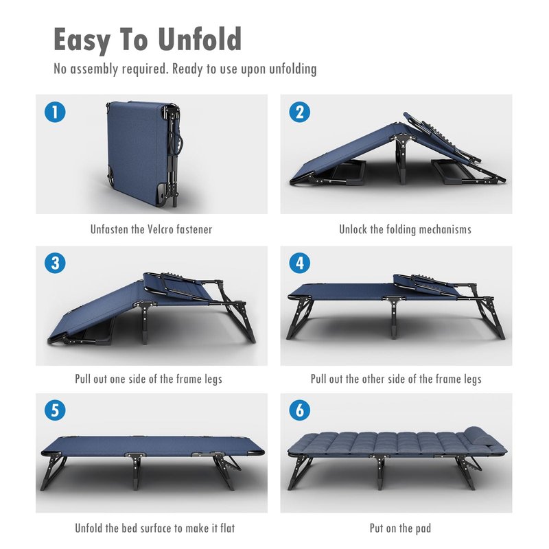 ATORPOK Folding Camping Cot for Adults with Padded Mattress and Pillow, Adjustable Reclining Lounger Sleeping Cot Bed, Ideal for Camping, Travel, Garden, or Office Use, Blue