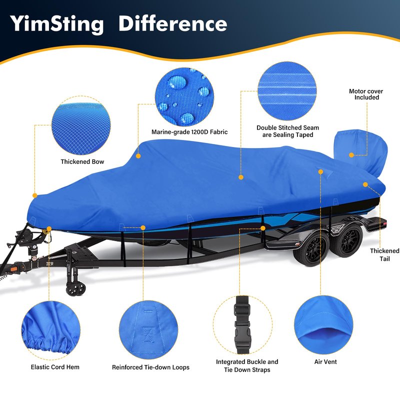 YimSting 1200D Waterproof Boat Cover - Fits 20' to 22' ft Bass, V-Hull, Tri-Hull, Fish & Ski, Runabout Bowrider Boats - Heavy Duty Canvas Blue