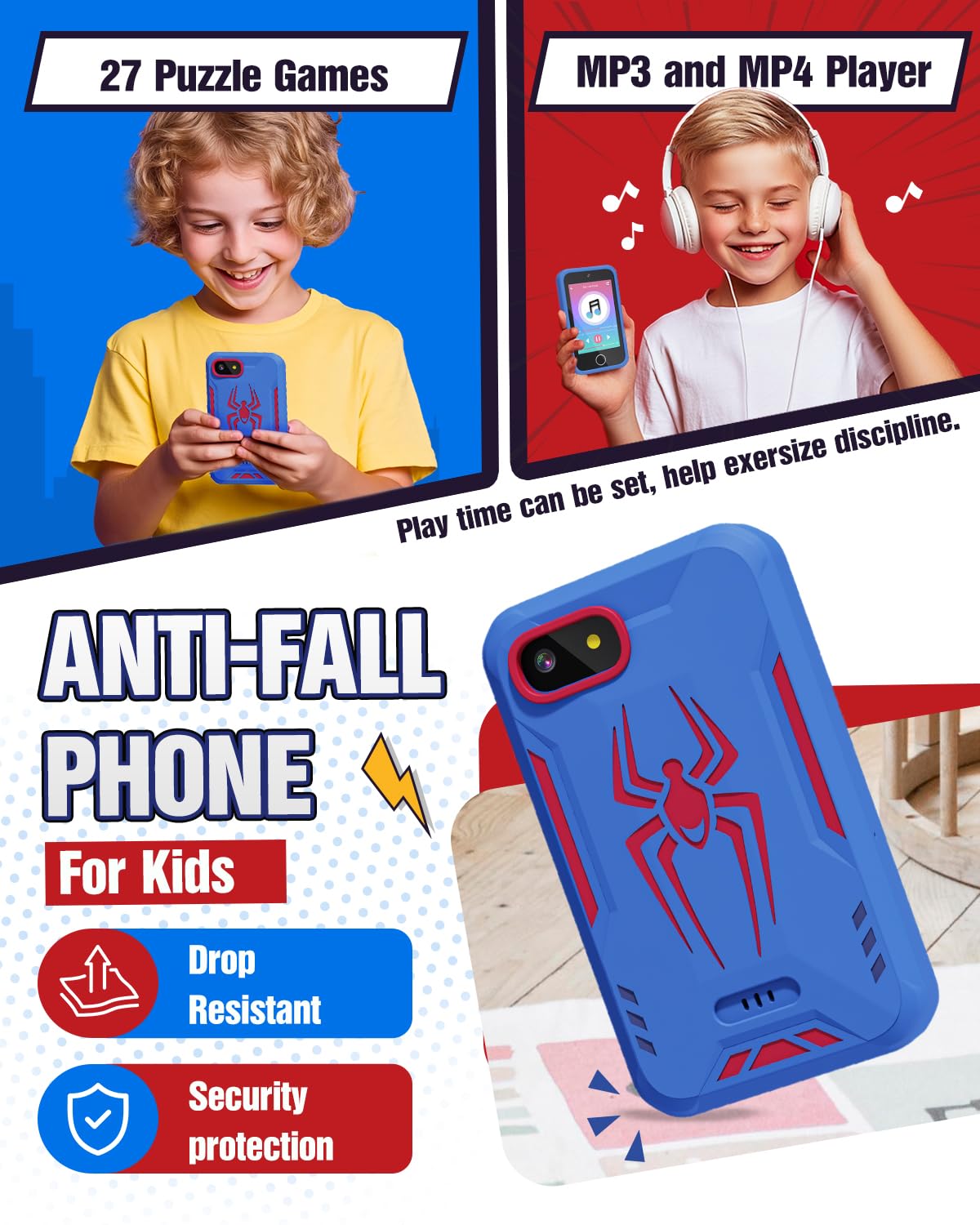 Kids Smart Phone, Spider Toys Phone for Boys 3 4 5 6 7 8 Years Old, Dual Camera, 3.5'' Touchscreen Kid Phones, Educational Toy for Toddler Kids Christmas Birthday Gifts, ABC Learning, Habit Tracker
