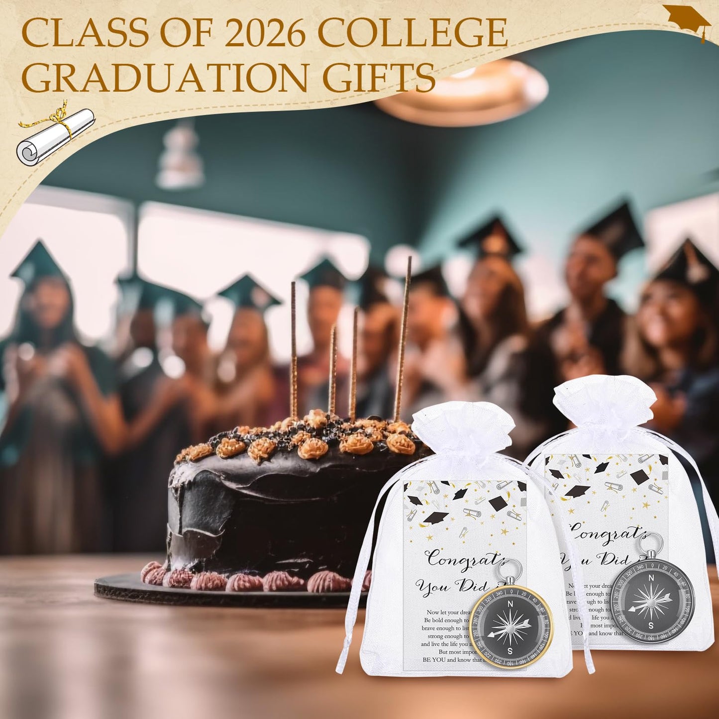Beeveer 25 Sets Class of 2026 Graduation Gifts Pocket Compass Keychain Inspirational Cards Organza Bags You Did It College Grad Party Favor for Student Friend Graduation Gift(Black, Gold)