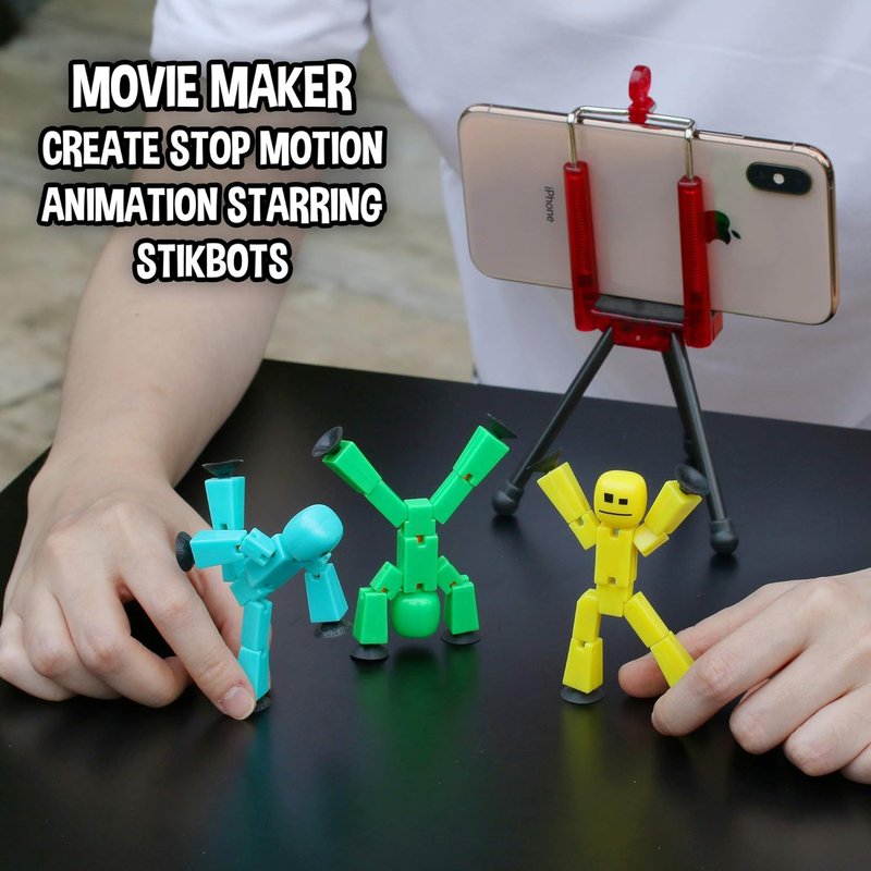 Zing Stikbot 8 Colorful Action Figures with Red Tripod | Pink, Yellow, Blue, Green, Purple, Orange, Red