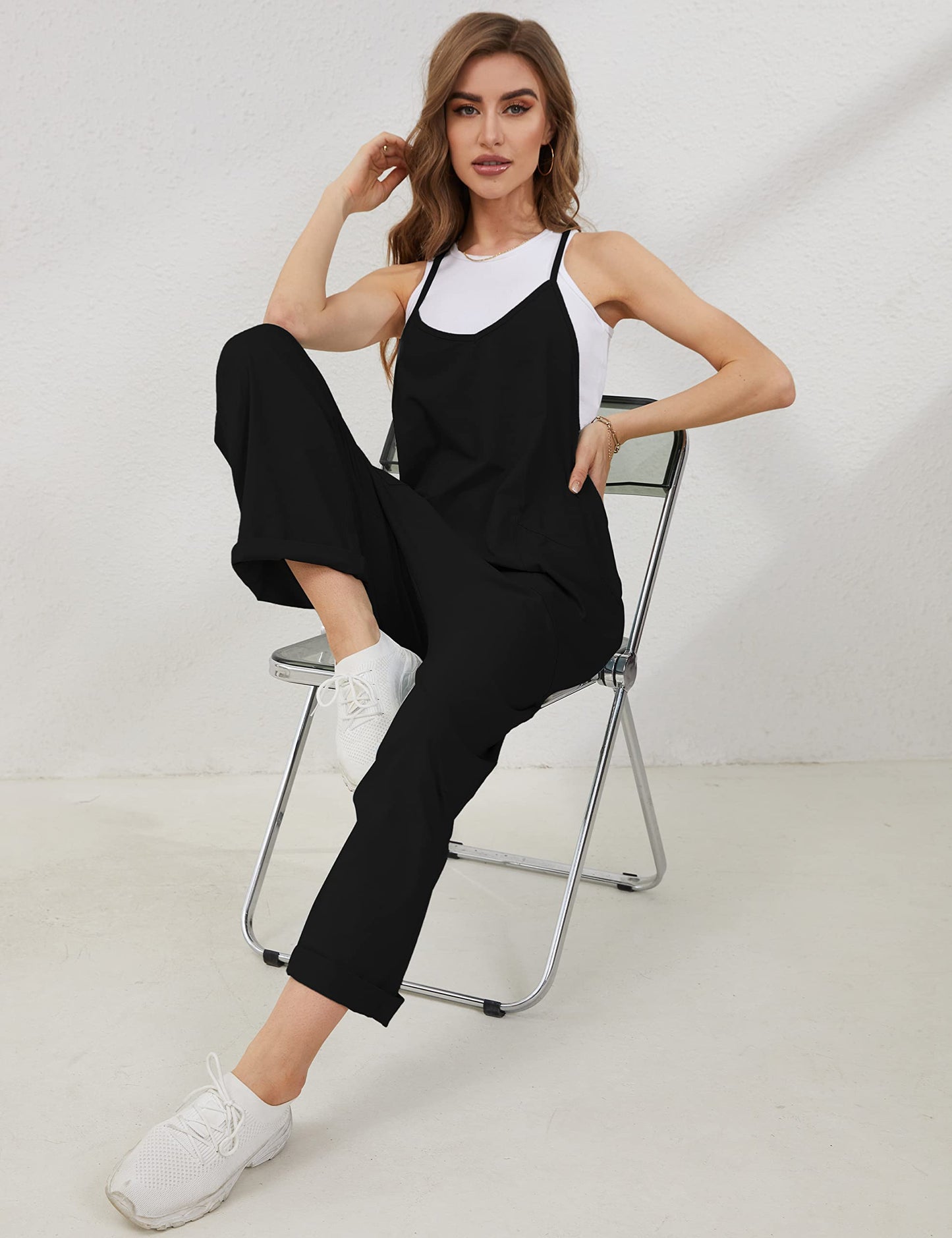 Lentta Women's Causal Jumpsuits V Neck Sleeveless Harem Overalls Stretchy Adjustable Strap Romper with Pockets(Black-L)