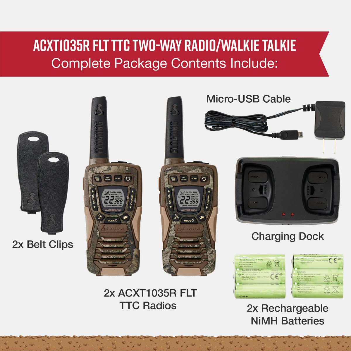 Cobra ACXT1035R FLT Waterproof Walkie Talkies - Rechargeable, Floats, 22 Channels, Long Range 37-Mile Two-Way Radio Set (2-Pack)