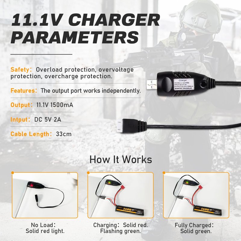 VICMILE 3S Airsoft Battery 30C 11.1V 1400mAh Dean-Style T Plug with 11.1V USB Charger Fit for Most Airsoft Model Guns Gel Water Bead Blaster