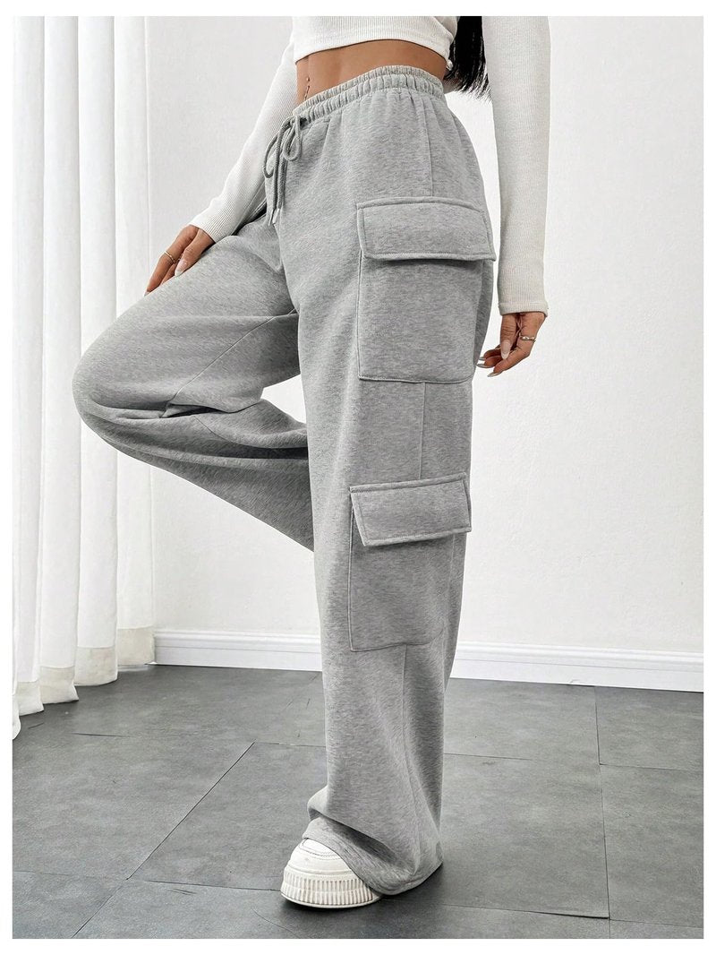 RoseSeek Women's Wide Leg Sweatpants Drawstring Waist Baggy Cargo Pants Casual Trousers with Pockets Grey Medium