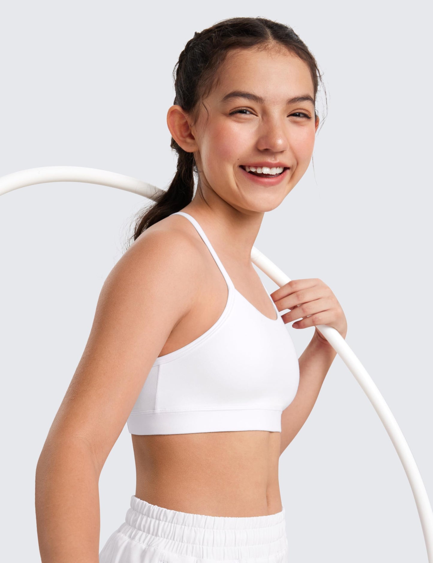 CRZ YOGA Girls Butterluxe Y Back Sports Bra - Yoga Athletic Casual Tops Scoop Neck Spaghetti Strap Padded Crop Kids Teen White Medium