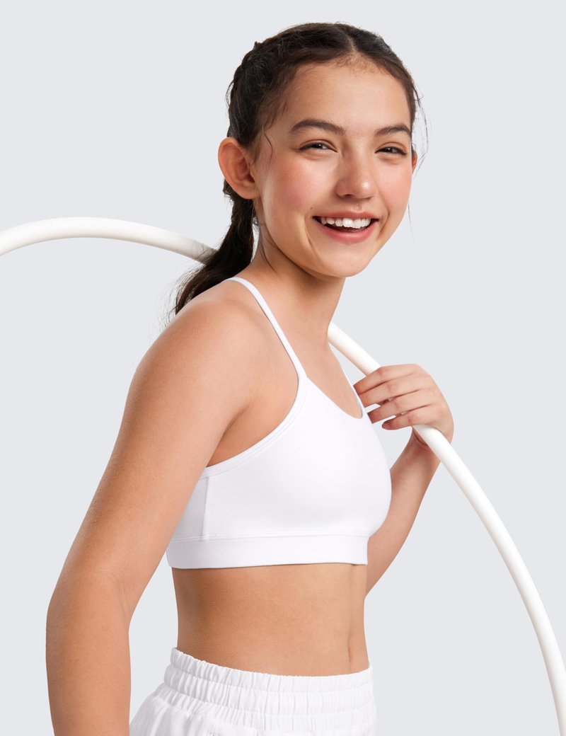 CRZ YOGA Girls Butterluxe Y Back Sports Bra - Yoga Athletic Casual Tops Scoop Neck Spaghetti Strap Padded Crop Kids Teen White Medium
