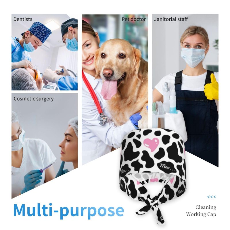 Black and White Cow Print Love Heart Cute Pink Working Cap Scrub Cap with Sweatband Adjustable Unisex Women Tie Back Hat Nurse Surgical Caps
