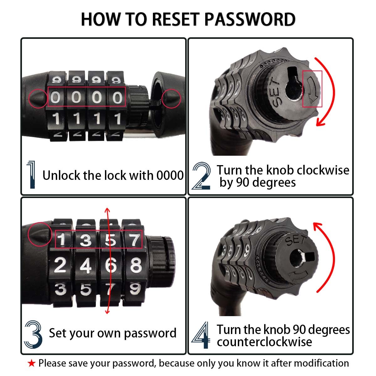 Revelook 4 Digit 3 Feet Long Bike Lock Cable Combination, Resettable Anti Theft Bicycle Lock for Electric Scooter