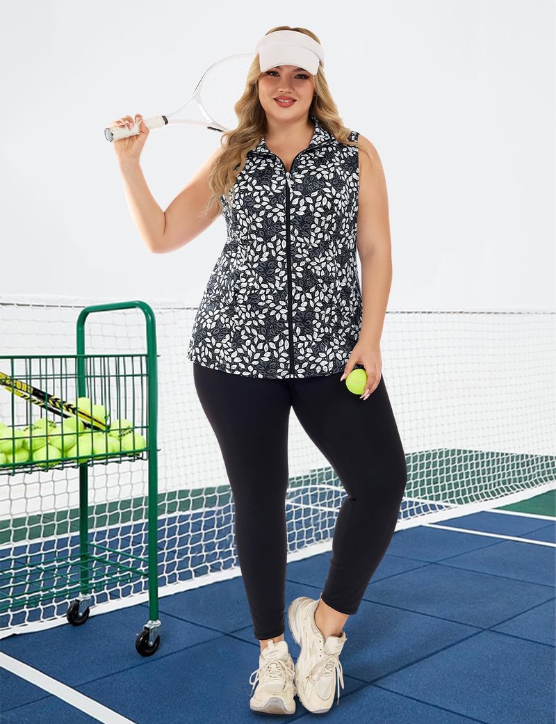Misyula Style Plus Size Athletic Tank Tops for Women, Quick Dry Full Zip Sleeveless Golf Shirts with Pockets Lightweight Running Vest Hiking Tennis Summer Activewear,Black White Leaf,2XL