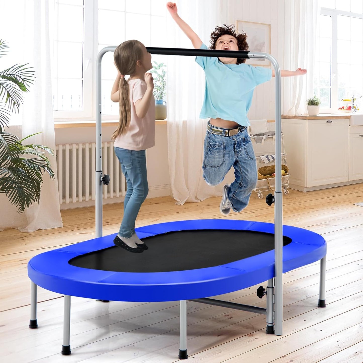 Rebounder Trampoline for Adults - 60” Foldable Mini Indoor Fitness Trampoline with Adjustable Handle & Non-Slip Pads | Max Load 330lbs