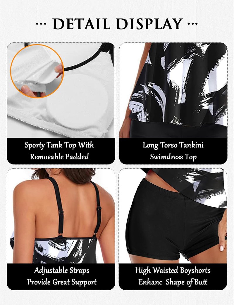 Stylish Swim Suits for Women Slimming Tankini Set Adjustable Straps 2 Piece Swimwear Tropical Hawaii Beach Pool Party Photoshoot Flattering Hides Belly Perfect for Vacation Ink Wash Painting S