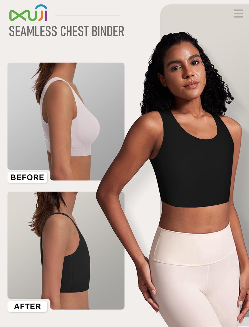 XUJI Seamless Chest Binder Women FTM Transgender Wireless Binder Sport Compression Bra Pullover Tank Top (B, M) Black