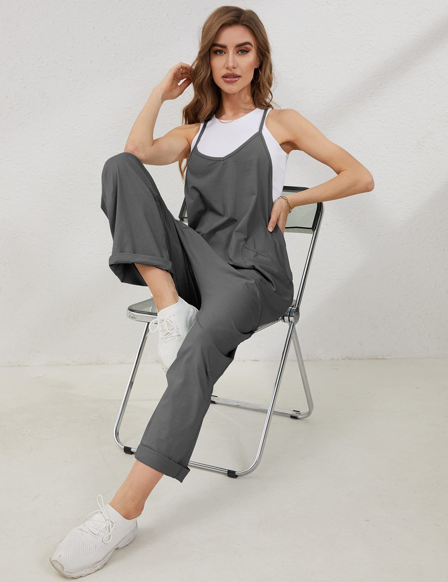 Lentta Women's Causal Jumpsuits V Neck Sleeveless Harem Overalls Stretchy Adjustable Strap Romper with Pockets(DarkGrey-L)