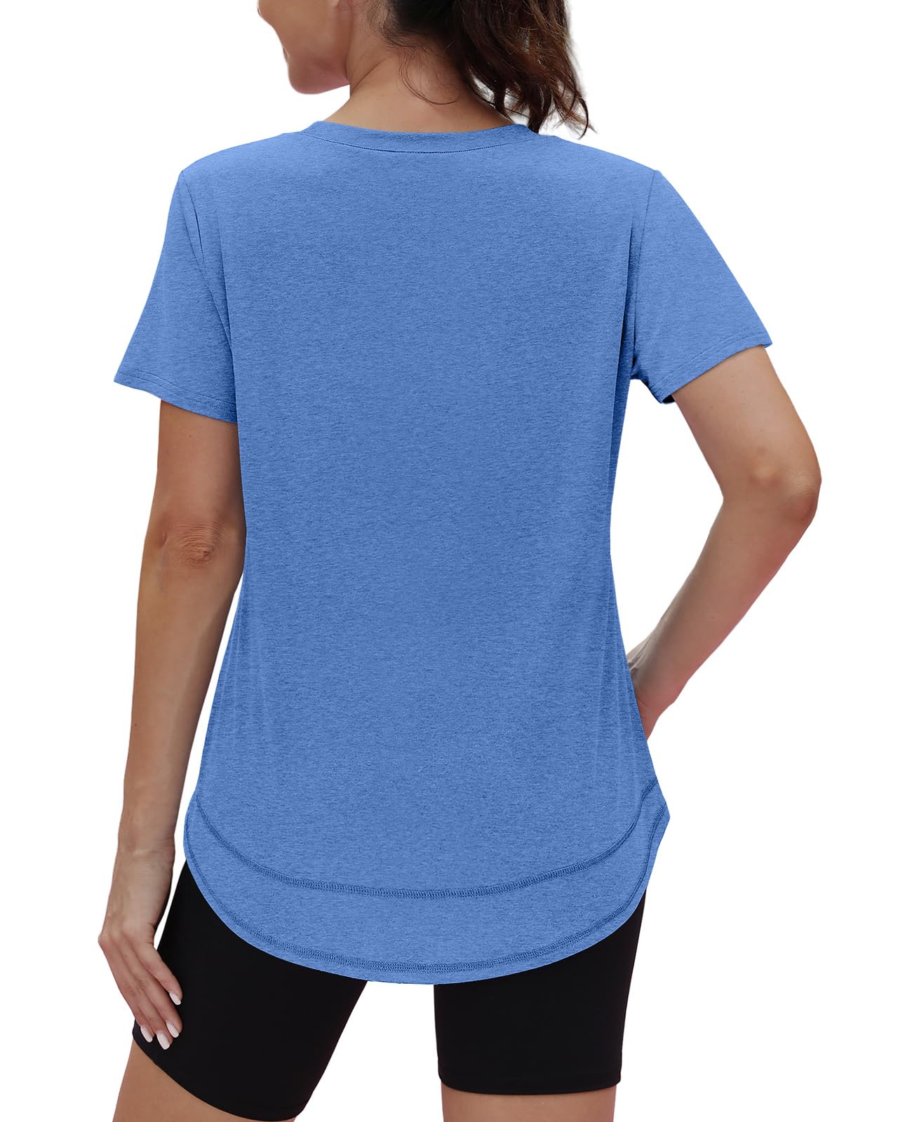 Short Sleeve Shirts for Women Workout Yoga Tops Sun Protection Clothing Summer Outfits Rash Guard Side Slit Blue XL