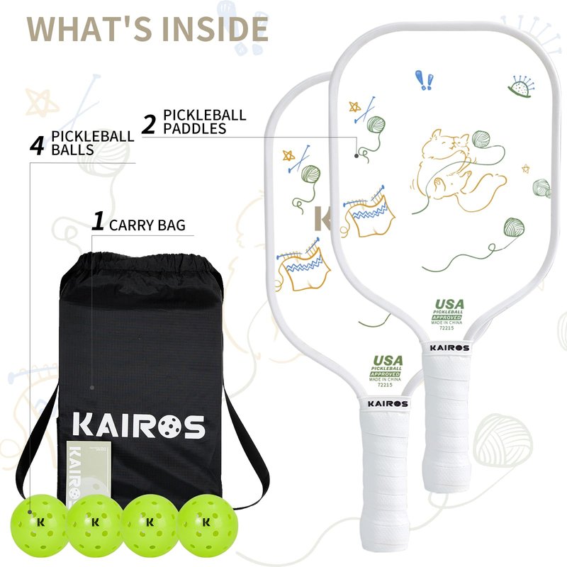 KAIROS Pickleball Paddles, USAPA Approved Pickle Ball Set with 2 Rackets 4 Pickle Balls, Non-Slip Grip Fiberglass Surface Pickleball for Beginners (White)