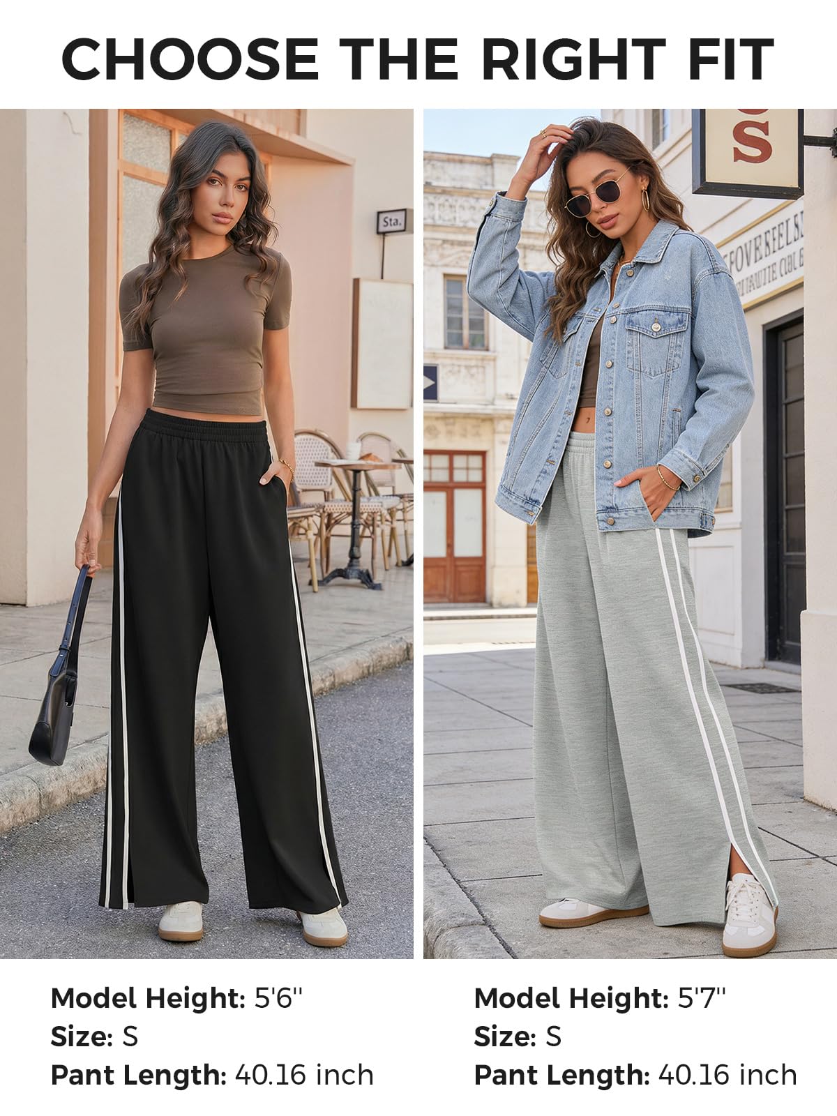 Fisoew Womens Wide Leg Pants Casual Baggy Elastic Waist Side Slit Contrast Stitch Loose Workout Sweat Pants with Pockets Black