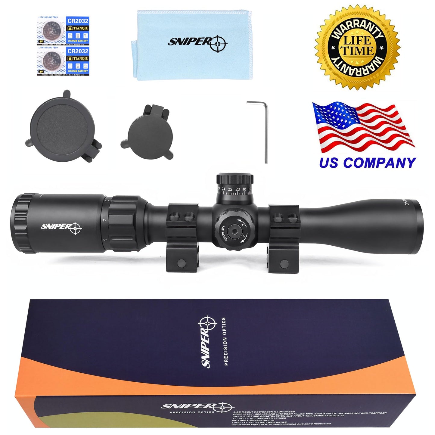Rifle Scope 2-7X32 Rimfire Mildot 1-inch Tube Rifle scopes Illumination in Red, Green, for Hunting