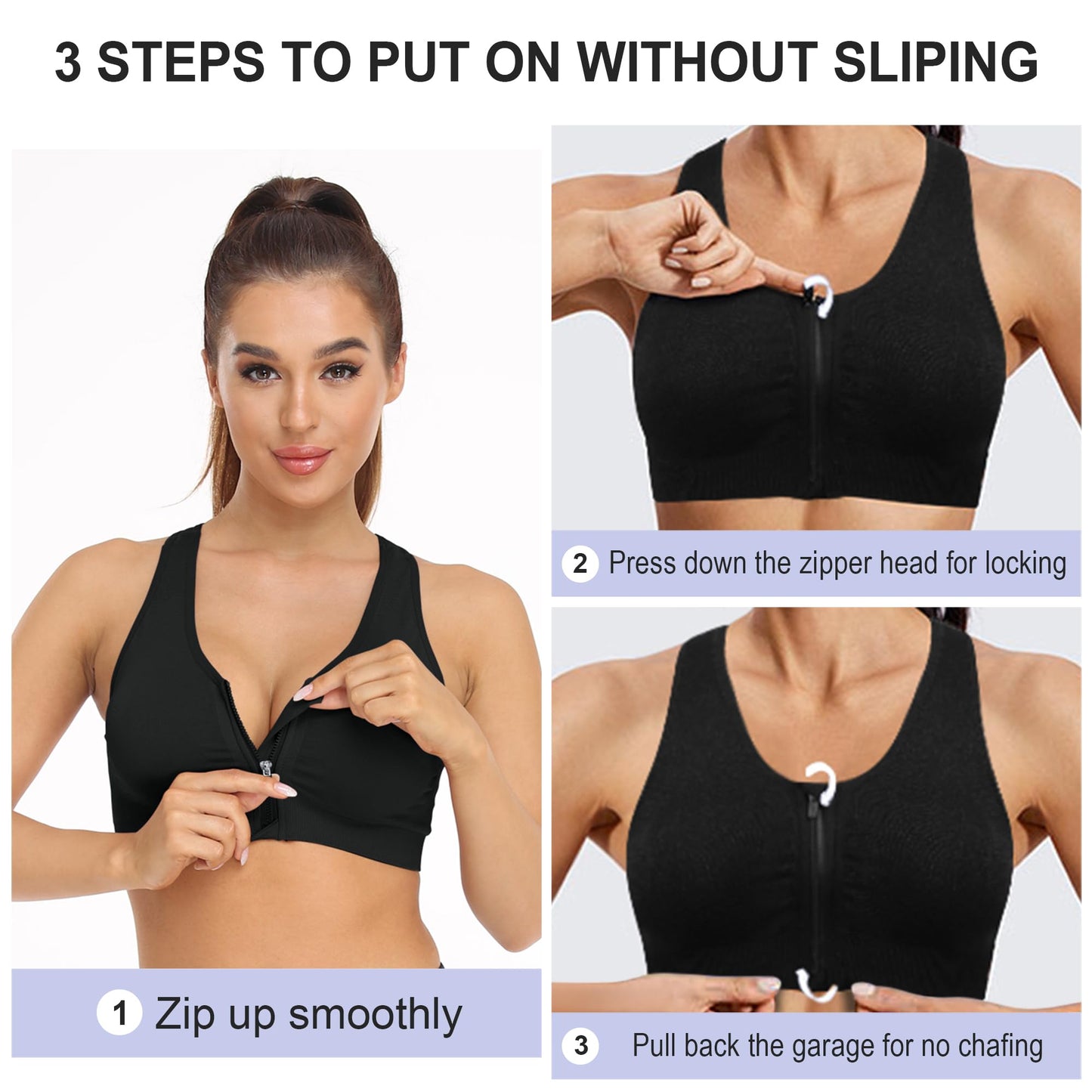 WANAYOU Women's Zip Front Sports Bra Wireless Post-Surgery Bra Zipper Closure Bras Padded Surgical Bra Racerback Workout Bras Zipped Yoga Sports Bras Active Bras Seamless Mastectomy Bra Post Op Bras