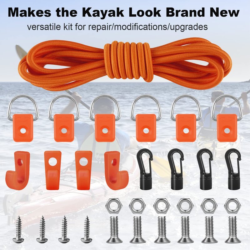 Kayak Deck Rigging Kit 1/4" 9.8' Bungee Cord with 6 D Rings& 4 J Hooks Tie Down Hooks& 4 Bungee Shock Cord Hooks,Tie Down Kayak Deck Line Repair Replacement Parts for Kayak Boat Canoe Accessory-Orange