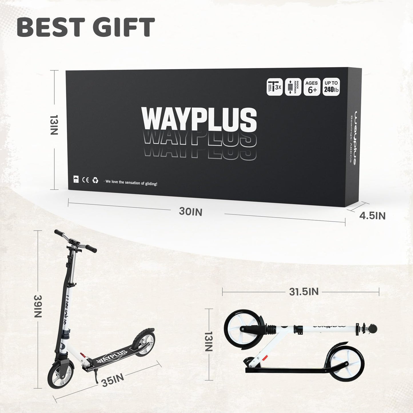 WAYPLUS Kick Scooter for Ages 6+,Kid, Teens & Adults. Max Load 240 LBS. Foldable, Lightweight, 8IN Big Wheels for Kids, Teen and Adults, 4 Adjustable Levels. Bearing ABEC9