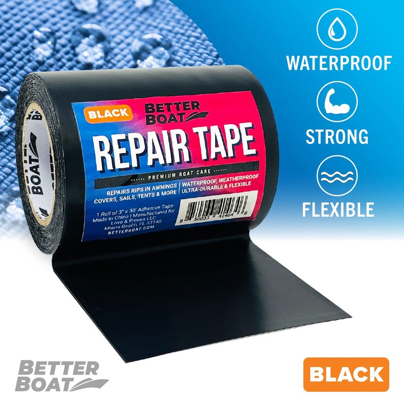 Better Boat Repair Tape for Fabric and Vinyl 30ft x 3in, Black Waterproof Patch Tape for RV Awning Canvas Tent Tarp Sail Canopy Boat Cover, Heavy Duty