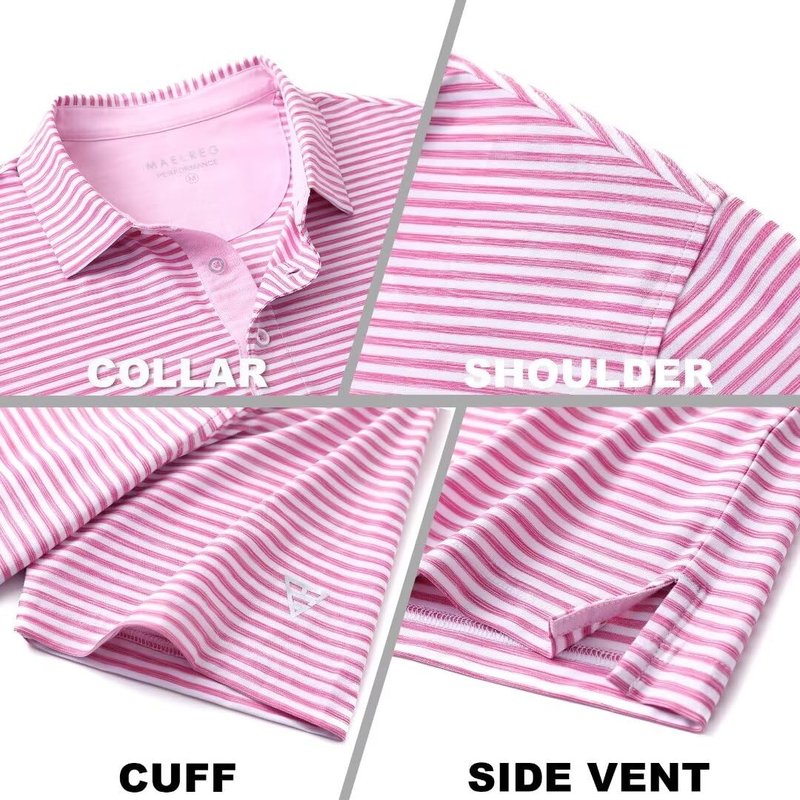 M MAELREG Mens Golf Shirt Short Sleeve Dry Fit Striped Casual Moisture Wicking Collared Golf Polo Shirts for Men Rose White