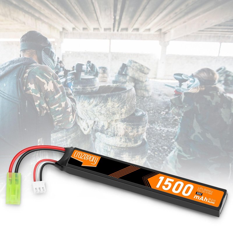 Crazepony 7.4V Rechargeable Airsoft Battery, 2S LiPo Battery 1500mAh 35C High Discharge Rate Lipo Pack with Mini Tamiya Plug for Airsoft Model Guns Rifle