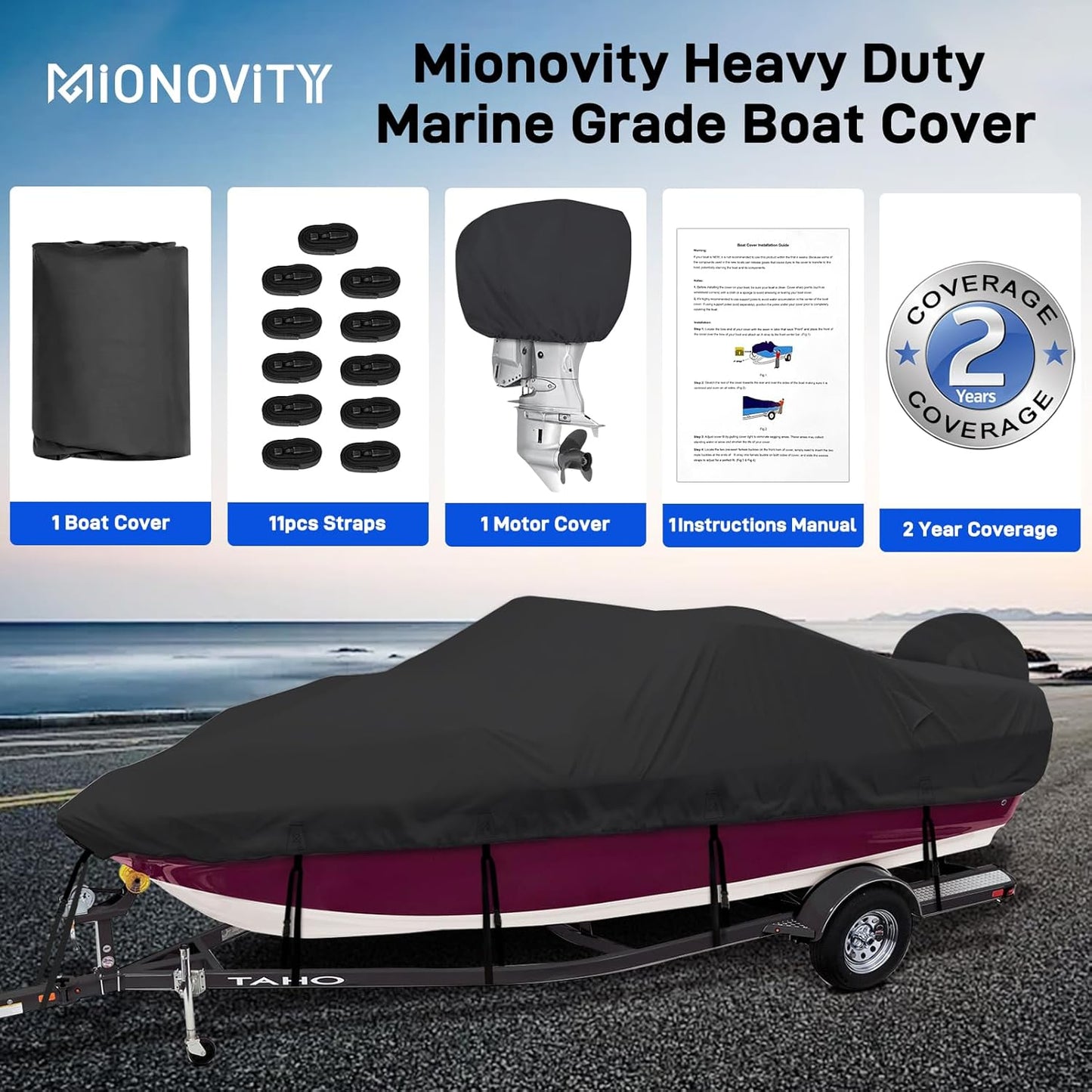 Bass Boat Covers | 600D Heavy Duty Waterproof Cover for 17-19ft V-Hull & Fishing Boats - Includes Motor Cover