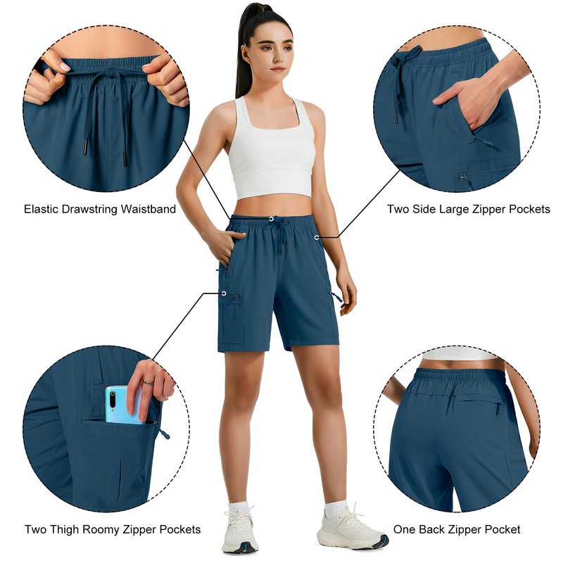 Hugut Women's Lightweight Hiking Cargo Shorts Quick Dry Athletic Shorts Camping Travel Golf Zipper Pockets Water Resistant Dusty Blue