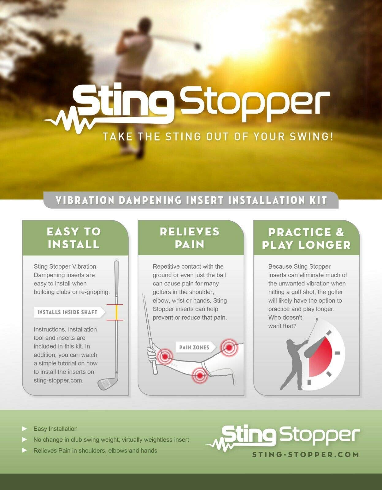 Sting Stopper Golf Shaft Vibration Dampening Inserts Kit (12 Inserts and 1 Tool: Enough for 12 Golf Clubs)