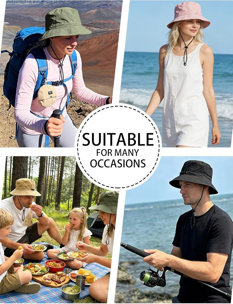 Packable Bucket Hat - Splash-Proof Lightweight Fishing & Hiking Hat | Adjustable Chin Strap