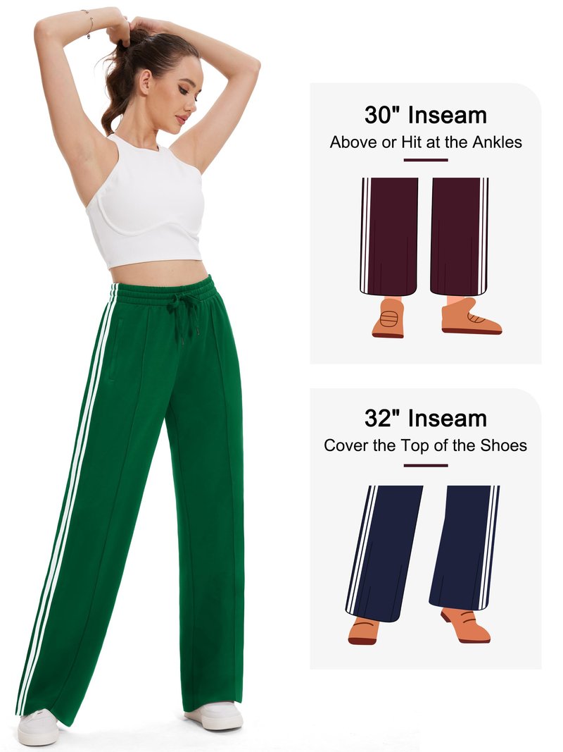 Tapata Long Women 32" Inseam Warm Up Track Pants Wide Leg Sweatpants Lightweight Side Stripe Ladies Slacks Workout, Green, S