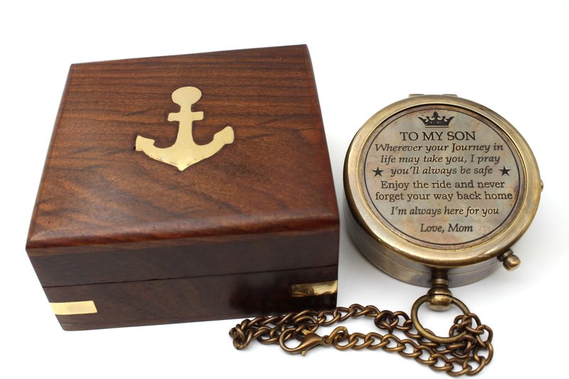 US HANDICRAFTS Brass Compass with Wooden Case | Portable Engraved Compass from Mom to Son | Graduation Gift, Birthday, Inspirational Travel Keepsake, Antique Pocket Compass