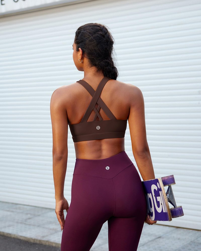 RUNNING GIRL Sports Bra for Women, Criss-Cross Back Padded Strappy Sports Bras Medium Support Yoga Bra with Removable Cups(WX2353 Coffee Bean_S)