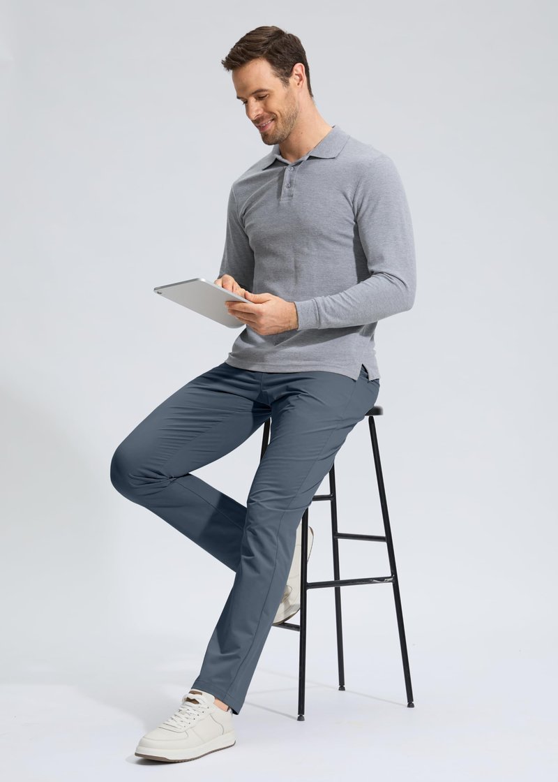 Pudolla Men's Golf Pants Work Dress Comfy Pants Casual Slacks Trousers with Pockets(Grey_Blue 32Wx34L)