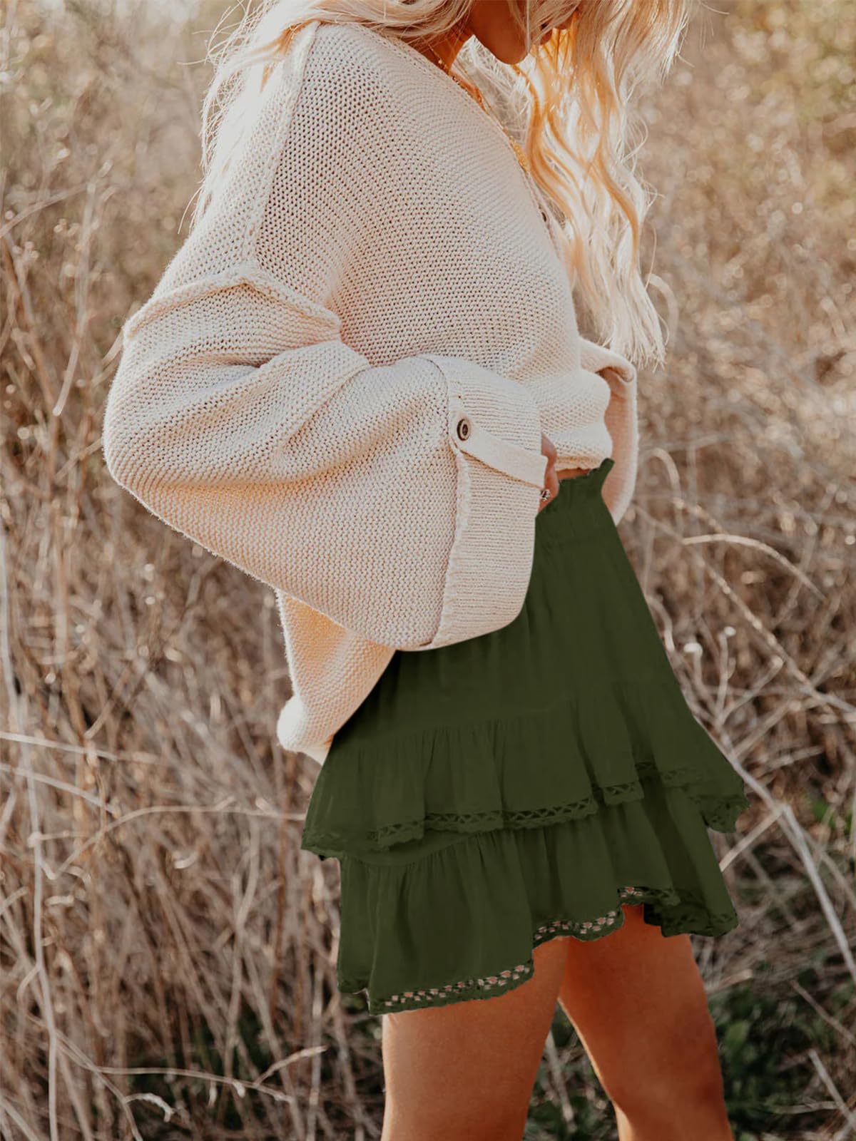 Aoudery Flowy Shorts for Women Casual Boho Ruffle Tiered Skorts High Waist Mini Skirts Golf Tennis Butterfly Crochet Shorts - Oliver Green XS
