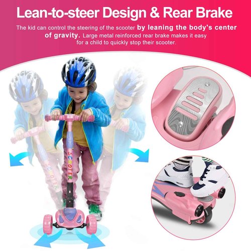 3 Wheel Scooter for Kids, Toddler Scooter with Bluetooth Music Speaker Steam Sprayer LED Lights Aluminum Alloy T-Bar, Ideal Gift for Boys Girls Ages 3-10 (Pink)