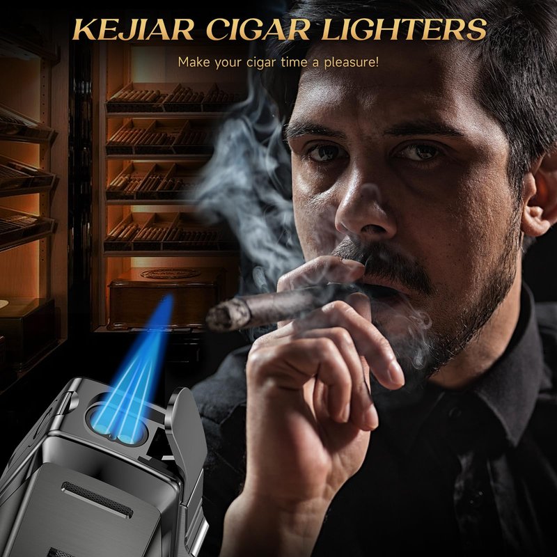 KEJIAR Cigar Lighter, Double Jet Torch Lighter, Built-in Punch, Double Edge Cigar Cutter and Holder, Refillable Butane Lighter, Ideal Cigar Accessories for Men Gift (Grey)