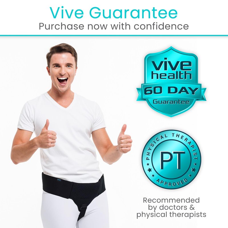 Vive Inguinal Hernia Belt for Men & Women - Left or Right Groin Support Truss for Targeted Compression, Pain Relief, Comfort, Pre & Post Surgery, Injury Recovery - 3 Removable Pressure Pads and Splint (Black)