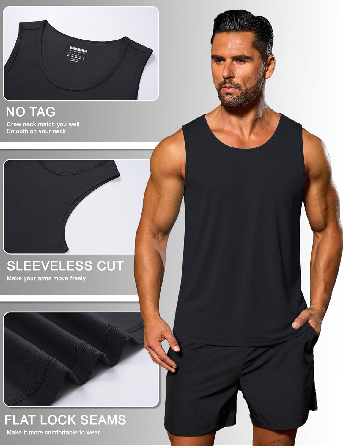 Men's Cotton Tank Tops - Sleeveless Workout Shirts for Summer | Black XL