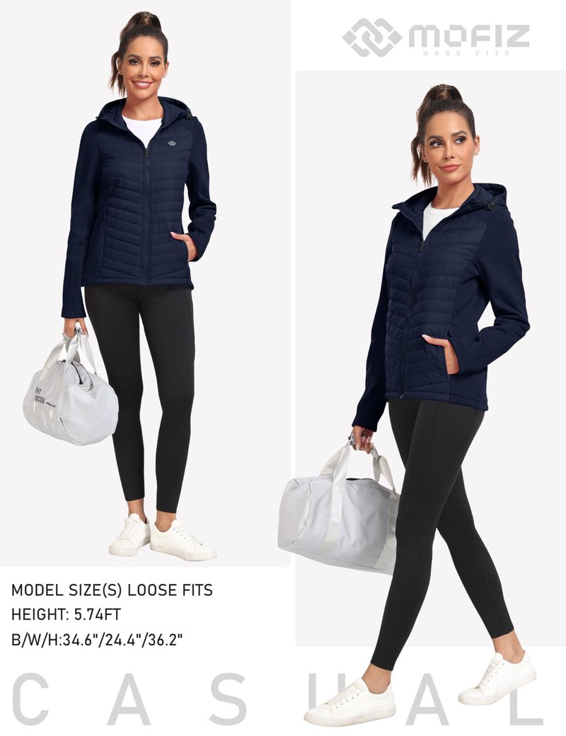 MoFiz Women's Insulated Running Jackets Puffer Hybrid Down Jacket Hiking Stretch Zip Pockets Fleece Lined with Hoodie Cold Weather Navy M