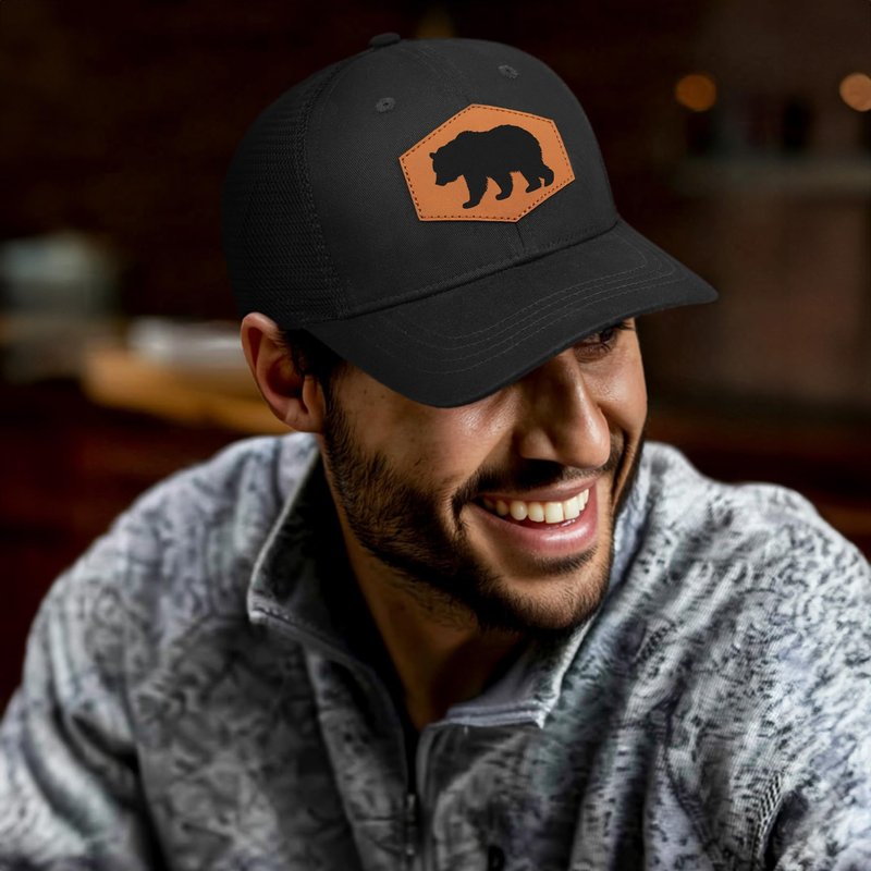 Jiaazerd Bear Baseball Cap for Bear Lovers,Leather Trucker Hat Snapback Hat for Men Women Brown