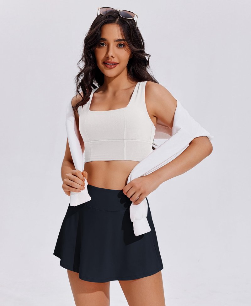 PINSPARK Womens Tennis Skirt High Waisted Golf Skirts with Shorts Underneath Quick Dry Workout Skort Flowy Athletic Skorts, Dark Navy Large